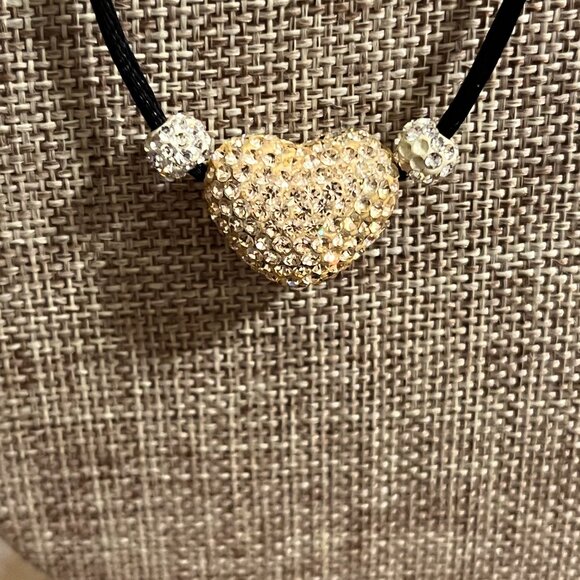 Pink/Peach Rhinestone Heart necklace on Black Rope Chain - Picture 2 of 5